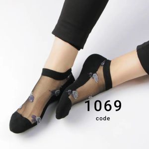 جوراب مچی زنانه شیشه ای مشکی گل کد 1069 لادن (۱۰ جفتی)