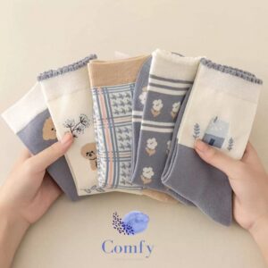 جوراب ساقدار زنانه طرح گل و برگ تم طوسی سامیار (10جفتی)